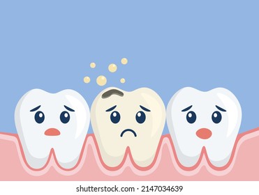 Dental cavity concept. Smiling healthy teeth with sad decay tooth. Dental problem. Toothache.