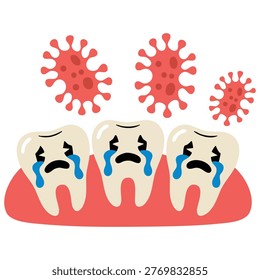 Dental Cavity Problem Represented by a Sad Tooth with Microscopic Bugs Flat Design