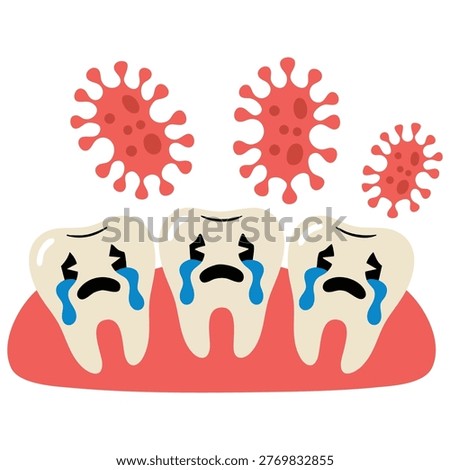 Dental Cavity Problem Represented by a Sad Tooth with Microscopic Bugs Flat Design
