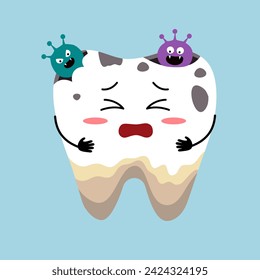 Problema de cavidad dental. Dientes tristes deshidratados con dibujos de vector bacteriano.