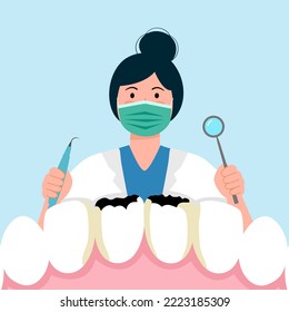 Dental cavity treatment by dentist concept vector illustration. Dental illness. Tooth decay.