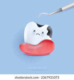 Tratamiento de cavidad dental, diente descompuesto. carácter dental para los niños. linda mascota del dentista para aplicaciones médicas, sitios web y hospitales. diseño vectorial. 