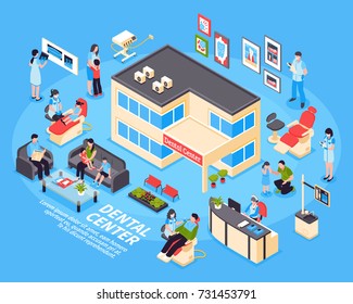 Dental center isometric design concept with set of kids parents clinic staff and medical equipment icons on blue background vector illustration