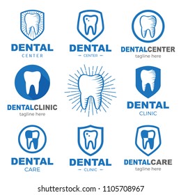 Dental center logo set. Company emblem health dent. Family Dental Clinic label with tooth and shields. Logotype template for stomatology or dentist.