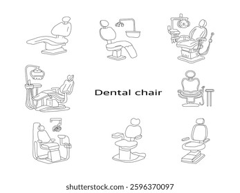 Dental chair hand drawn vector icons set. Diverse dental chair line art.  Simple dental chair illustrations. Collection of dental chairs. Dentist's chair.