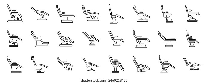 Dental chair icons outline set vector. A series of chairs are shown in various positions. Some are reclining, while others are upright