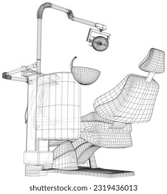 Silla dental de fondo blanco. Equipo de dentista con marco cableado