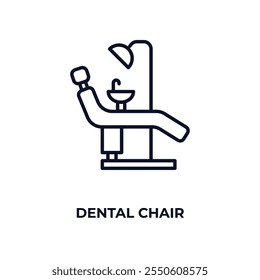 ícone do contorno da cadeira odontológica. Vetor linear do conceito de dentista. Ícone de cadeira odontológica de linha fina isolado no fundo branco