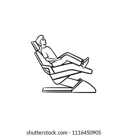 Dental chair with a patient hand drawn outline doodle icon. Dentist chair, stomatology check up concept. Vector sketch illustration for print, web, mobile and infographics on white background.