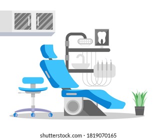 Dental Chair unit with adjustable  hand pieces, sink, lamp and shelves. Modern dentistry equipment. Dentist office. Dentistry or stomatology clinic interior. Flat vector illustration