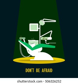Dental chair Vector illustration Dental chair under the spotlight in the dark Poster template in flat design
