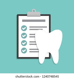 Dental check. Clipboard with checklist and tooth in a flat design.