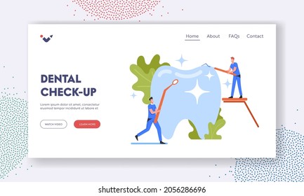 Dental Check Up Landing Page Template. Tiny Dentists Characters Checking Tooth for Caries Hole in Plaque. Doctors Hold Stomatology Instruments, Carver and Mirror. Cartoon People Vector Illustration