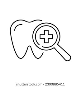 Icono de línea de chequeo dental, estomatología y odontología, gráficos vectoriales de signos de magnificación, aislado en fondo blanco. ilustración vectorial