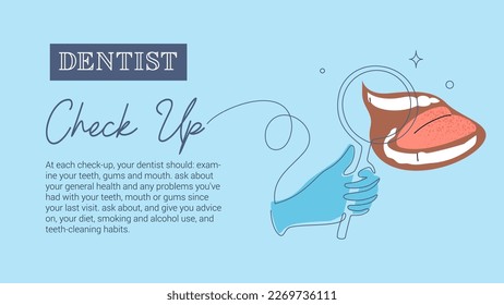 Dental check up website header template. Vector minimalistic design with open mouth and single line doctor's hand with magnifying glass illustration. Blue horizontal background.