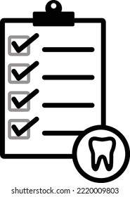 Lista de control dental e icono dental en fondo blanco. Signo del informe de diagnóstico de dientes. Símbolo de la tarjeta dental o del historial médico del paciente. estilo plano.