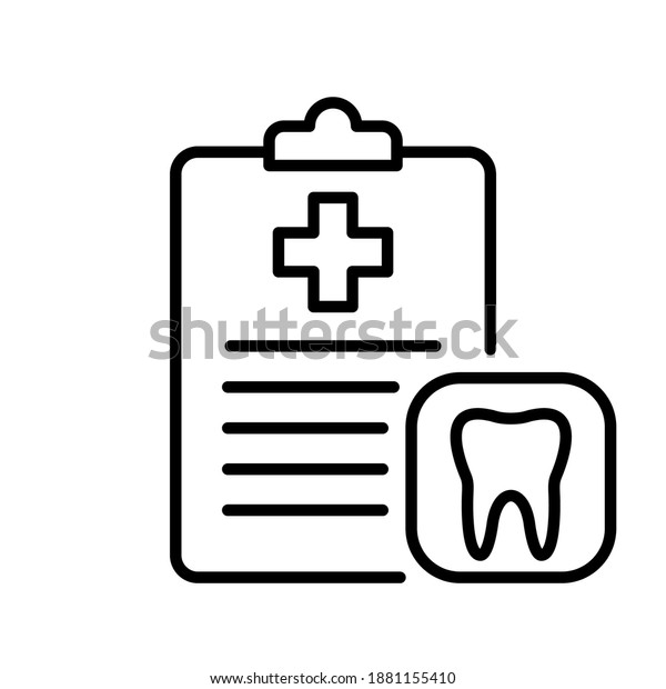 Dental checklist and tooth line icon, Hygiene\
routine concept, Teeth Diagnostic Report sign on white background,\
Clipboard with human tooth icon. Dental card or patient medical\
records icon