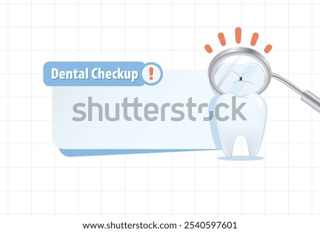 Dental checkup banner text box, notepad with decay tooth and mirror illustration vector design on blue. Dental care concept.