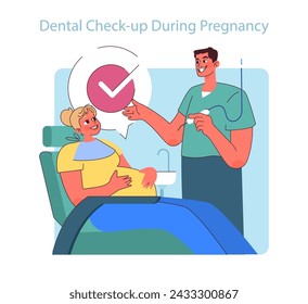 Chequeo dental durante el embarazo. Una mujer embarazada sonriente recibe un informe de salud dental positivo, haciendo hincapié en el cuidado oral prenatal.