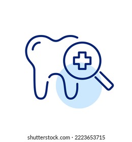 Dental check-up icon. Tooth with magnifying glass. Pixel perfect, editable stroke art