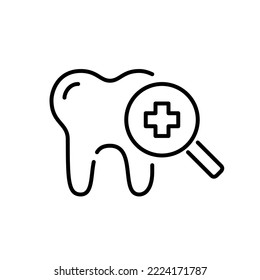 Dental check-up icon. Tooth with magnifying glass. Pixel perfect, editable stroke