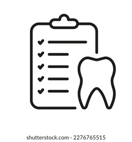 Dental Checkup Line Icon. Tooth and Checklist, Teeth Check Up Concept. Medical Report Linear Pictogram. Dentistry Outline Symbol. Dental Treatment Sign. Editable Stroke. Isolated Vector Illustration.