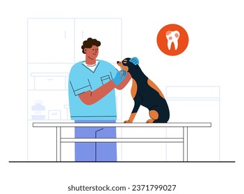 Ilustración de concepto de mascotas de chequeo dental. Hombre negro Veterinario examinando el perro de la boca sobre la mesa en la clínica de veterinaria. Higiene, cuidado de dientes de animales domésticos. Ilustración vectorial plana 