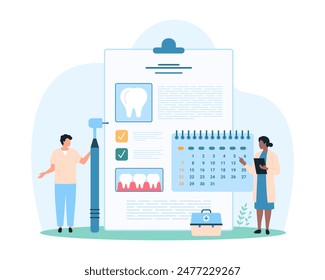 Dental checkup planning for professional oral hygiene and treatment in hospital. Tiny people check date of dentists consultation and teeth examination in calendar cartoon vector illustration