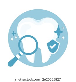 Dental checkup and protection. Tooth with magnifying glass and shield. Healthy teeth examination concept. Vector illustration isolated on white background.
