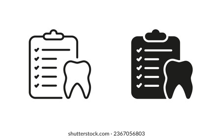 Dental Checkup Silhouette and Line Icons Set. Teeth and Document Checklist Pictogram. Dental Treatment, Dentistry Black Symbol Collection. Tooth Medical Report Pictogram. Isolated Vector Illustration.