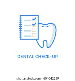 Dental check-up or visit icon. Appointment. Tooth with a notepad. To do list with ticks. Stomatology linear style logo isolated on white. 