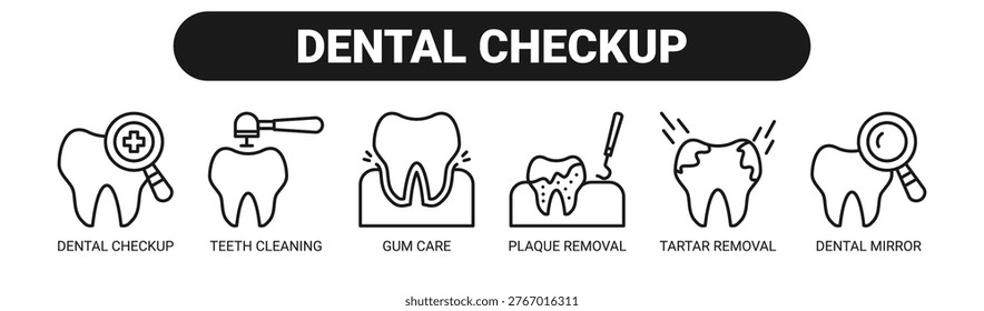 Dental Checkup web banner icon vector illustration concept with icons of dental checkup, teeth cleaning, gum care, plaque removal, tartar removal, and dental mirror.