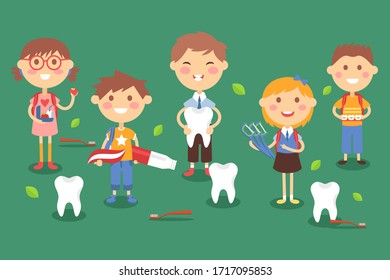 Dental children treatment, vector illustration. Boys and girls character with healthy radiant smile. Professional toothpaste, brush and dental floss. Braces and proper nutrition for dental health.