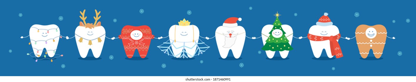 Dental Christmas illustration or banner. Teeth in stage costumes hold hands. Cute cartoon teeth celebrate Christmas and New Year.