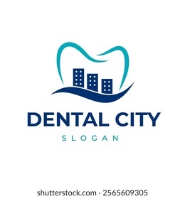 Dental City Logo with Simple Tooth Design and City Building Silhouette Can be used for Dental Clinic, Hospital