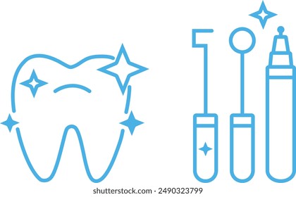 Odontología de limpieza dental, iconos de vector de blanqueamiento dental con trazo editable