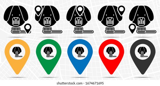 Dental cleaning, pets, dog icon in location set. Simple glyph, flat illustration element of petshop theme icons