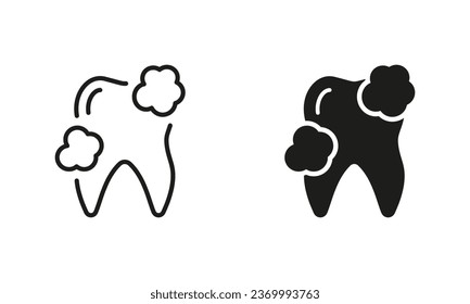 Juego de silueta de limpieza dental e iconos de línea. Enfermedad, Cuidado Oral, Higiene, Refrescamiento. Pictograma dental limpio. Tratamiento dental, Colección de símbolos negros de odontología. Ilustración de vectores aislados.