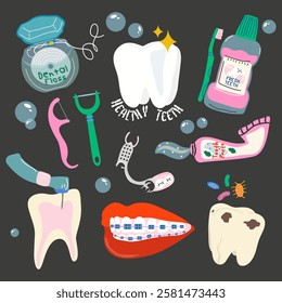 Dental cleaning tools, caries treatment, oral care and hygiene products. Dental care accessories. Dental cartoon vector stickers in retro style