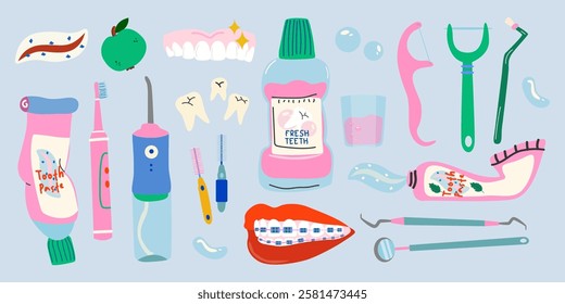 Dental cleaning tools, caries treatment, oral care and hygiene products. Dental care accessories. Dental cartoon vector stickers in retro style