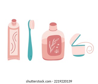 Herramientas de limpieza dental. Cuidado oral y productos de higiene. cepillo de dientes, pasta dental, enjuague bucal y hilo dental. Ilustración vectorial para impresión, fondos y embalaje. Aislado sobre fondo blanco.