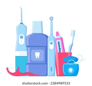 Herramientas de limpieza dental. Cuidado oral y productos de higiene. Cepillo de dientes, pasta dentífrica, enjuague bucal, cepillo de dientes, hilo dental, irrigador dental. Cepillado de dientes. Ilustración del vector