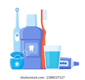 Herramientas de limpieza dental. Cuidado oral y productos de higiene. Cepillo de dientes, pasta dentífrica, enjuague bucal, cepillo de dientes, hilo dental, irrigador dental. Cepillado de dientes. Ilustración del vector