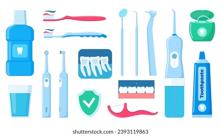 Dental cleaning tools. Oral care and hygiene products. Toothbrush, toothpaste, mouthwash, floss toothpick, dental floss, dental irrigator. Brushing teeth. Vector illustration
