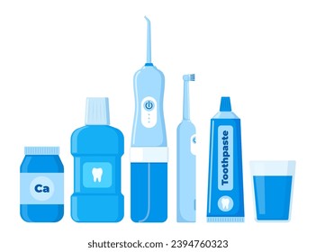 Herramientas de limpieza dental. Cuidado oral y productos de higiene. cepillo de dientes, pasta dental, enjuague bucal, irrigador dental. Cepillado de dientes. Ilustración del vector