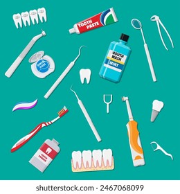 Herramientas de limpieza dental. Productos de higiene y cuidado bucal. Cepillo de dientes, pasta de dientes, enjuague bucal, cepillo de lengua, polvo, raspador de lengua y seda dental. Cepillarse los dientes. Ilustración vectorial en estilo plano