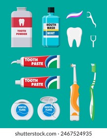 Herramientas de limpieza dental. Productos de higiene y cuidado bucal. Cepillo de dientes, pasta de dientes, enjuague bucal, cepillo de lengua, polvo, raspador de lengua y seda dental. Cepillarse los dientes. Ilustración vectorial en estilo plano