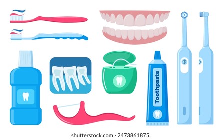 Dental cleaning tools. Oral care and hygiene products. Toothbrush, toothpaste, mouthwash, floss toothpick, dental floss, dental irrigator. Brushing teeth. Vector illustration