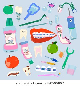 Dental cleaning tools, oral care and hygiene products. Different dental care accessories. Electric brush, irrigator, toothpaste, dental rinse. Dental cartoon vector stickers in retro style