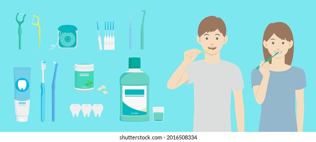 Dental cleaning tools. People brushing their teeth. Vector illustration of oral care and hygiene products such as toothbrush, toothpaste, dental floss, Interdental brush and mouthwash.